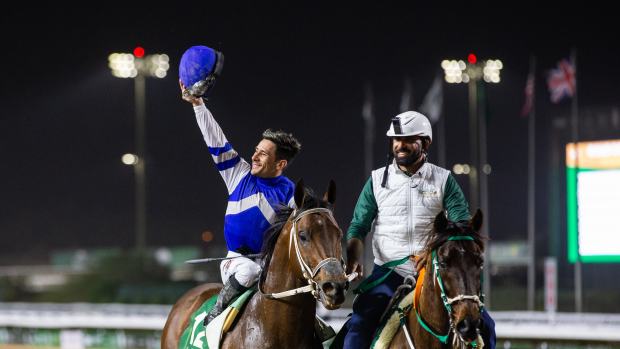 Junior Alvarado celebrates after winning the G1 Saudi Cup with Senor Buscador at King Abdulaziz Racecourse.