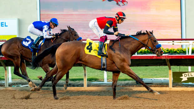 Revera, guided by Antonio Fresu, defeats Himika in the Desi Arnaz Stakes at Del Mar