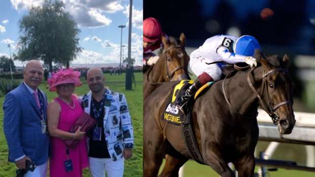 He's Not Joking, right, wins the G3 Grey Stakes at Woodbine. At left, John Di Scola, Gail Wood, and Joe Di Scola