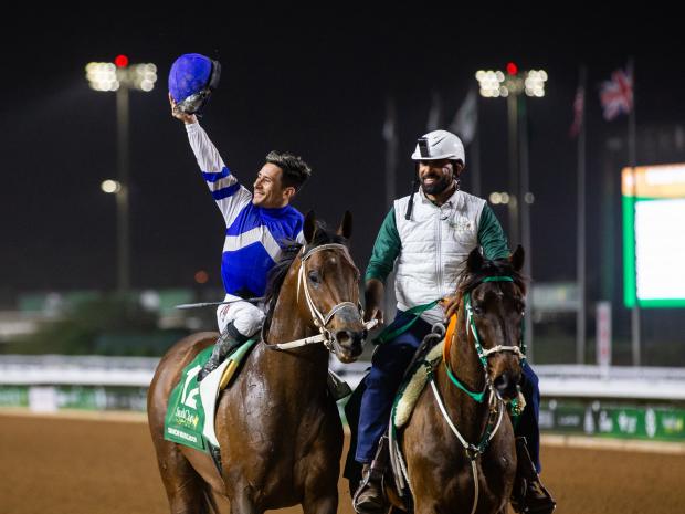 Junior Alvarado celebrates after winning the G1 Saudi Cup with Senor Buscador at King Abdulaziz Racecourse.