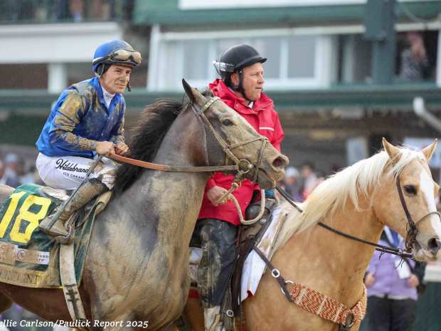 Sovereignty and jockey Junior Alvarado are led back to the winner's circle after winning the 2025 Kentucky Derby