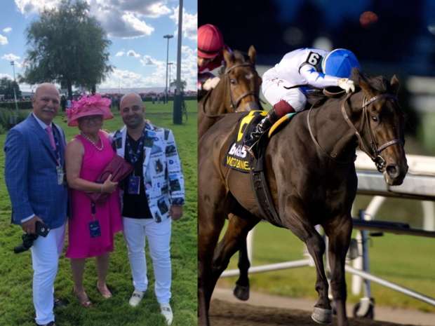 He's Not Joking, right, wins the G3 Grey Stakes at Woodbine. At left, John Di Scola, Gail Wood, and Joe Di Scola