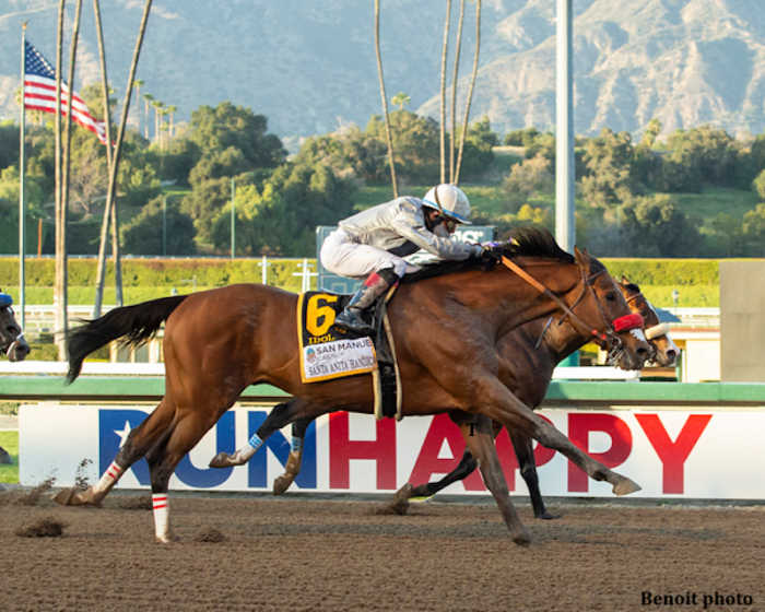 Idol (outside) and Joel Rosario are up in the final strides to win the 2021 Santa Anita Handicap over Express Train.