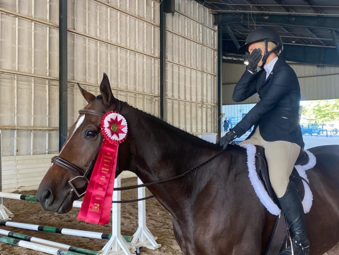 Jenkins is overwhelmed upon learning the pair came second in the 2020 Show Hunters division at the Thoroughbred Makeover