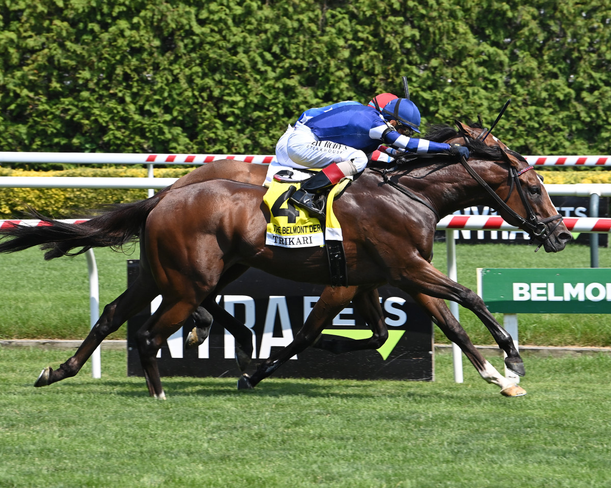 Trikari Prevails In Furious Battle For Belmont Derby Invitational