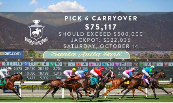 75,117 Santa Anita Park Pick 6 Carryover On Saturday; Jackpot Totals